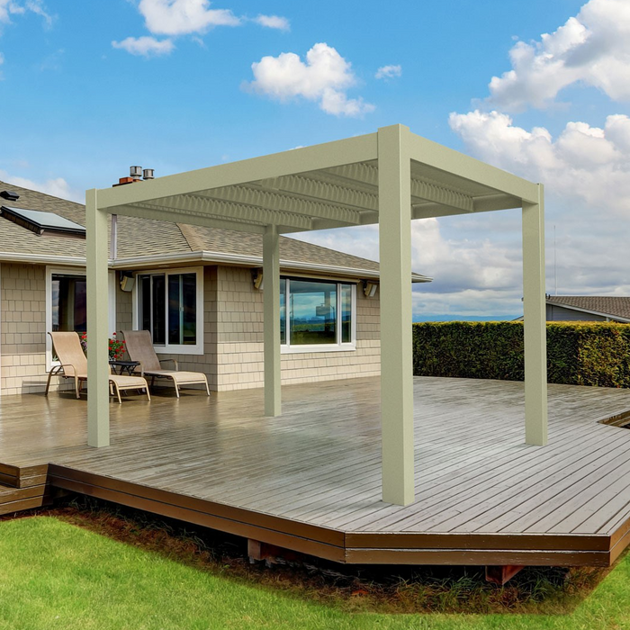 Picture of a contemporary-style freestanding tan vinyl pergola on the deck behind a beautiful home