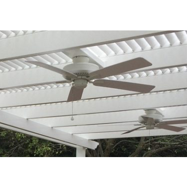 Close-up picture of the top of a pergola showing that 2 fans have been attached between rafters on the underside
