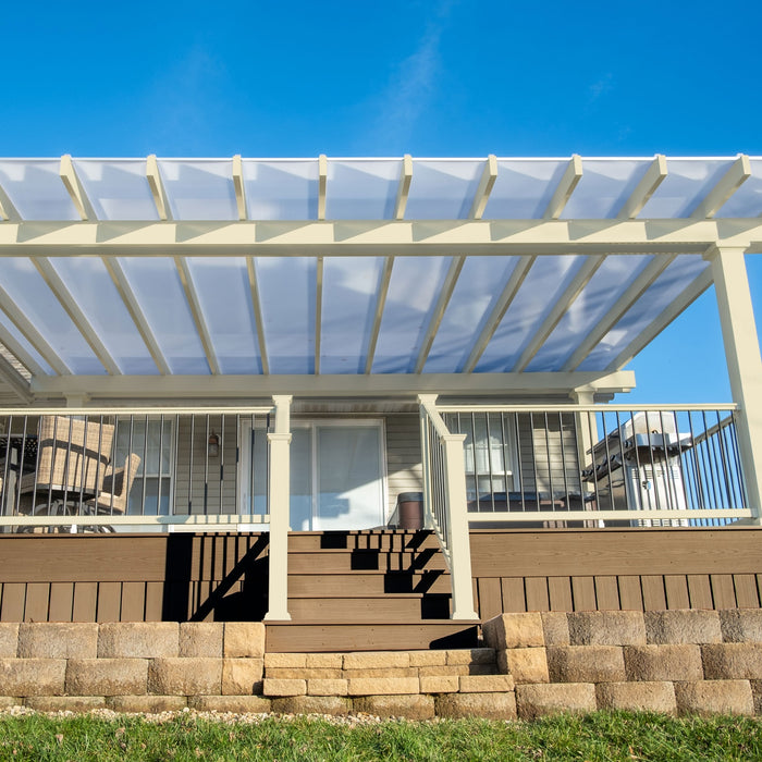 High-End Patio Cover w/ Rainproof Polycarbonate Roof – Vinyl/Aluminum Frame – Up to 20' x 20' – Made in USA