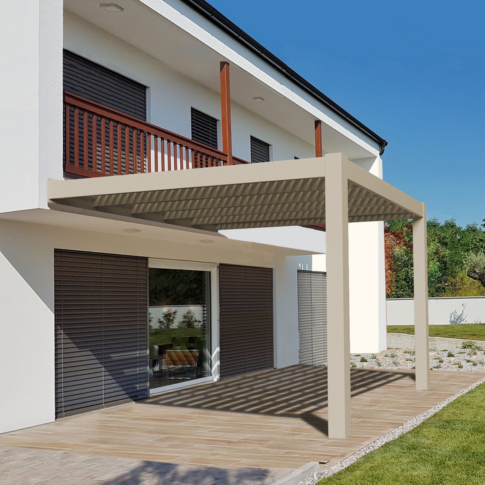 Picture of a 2-post contemporary-style tan vinyl wall-mounted pergola attached to the back wall of a condo