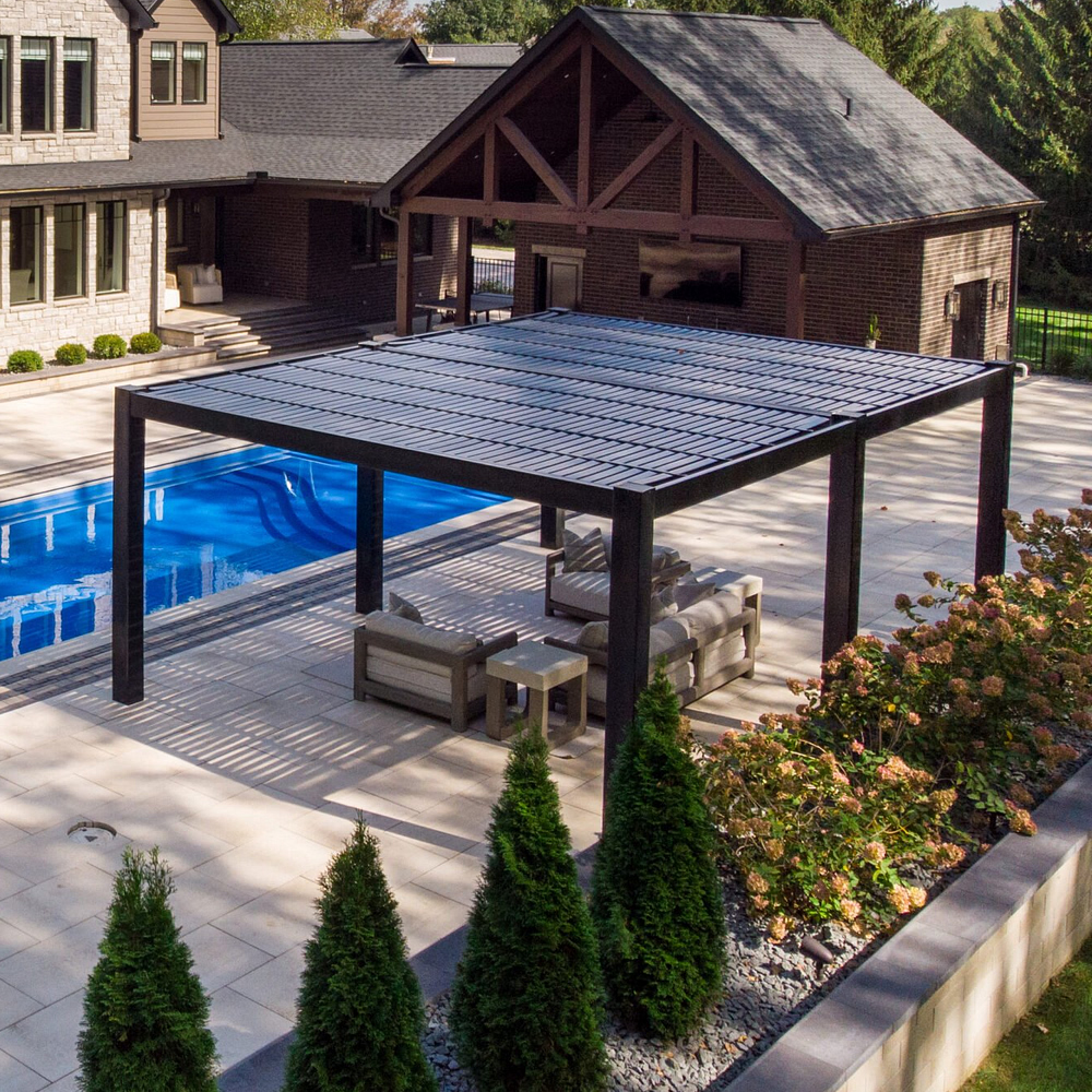 modern freestanding outdoor kitchen pergola with clean square corners