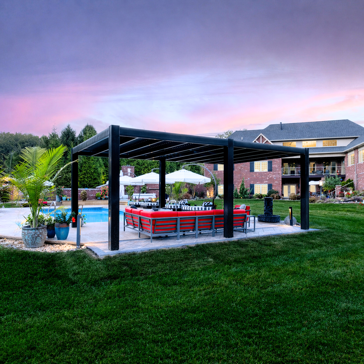 Modern freestanding pergola with six posts and a clean flush-edge roof design