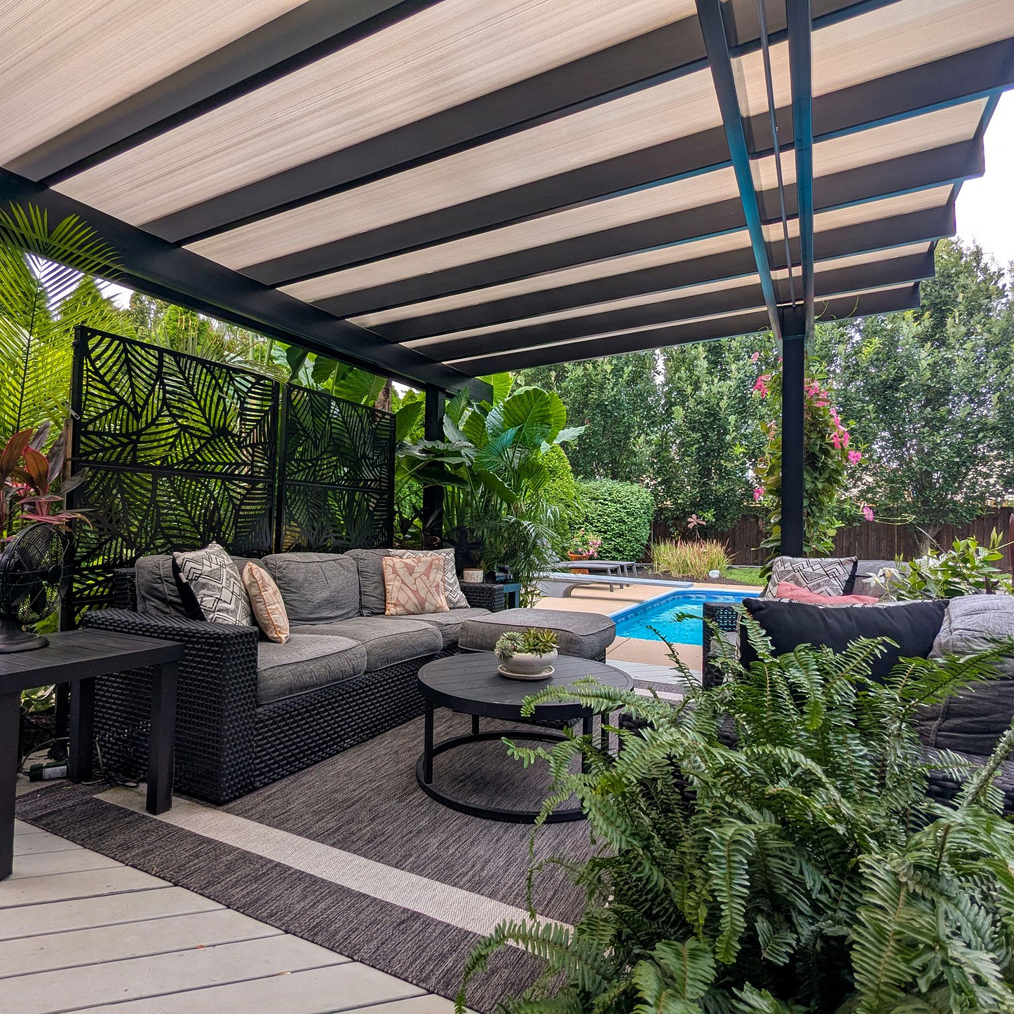 Solid-roof patio cover suited to a Rancho Santa Fe outdoor dining or lounge area
