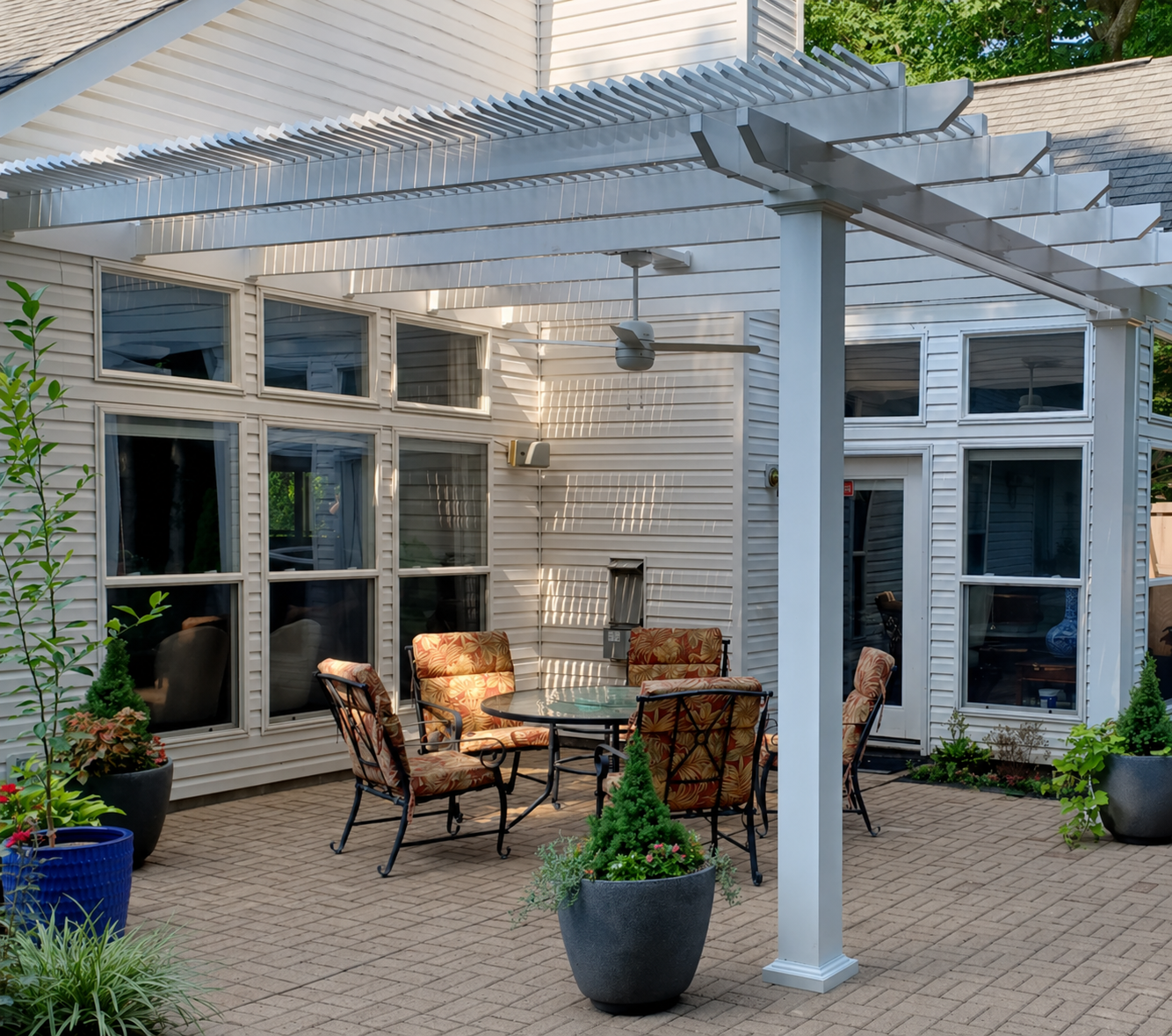 traditional attached vinyl pergola with two-post configuration