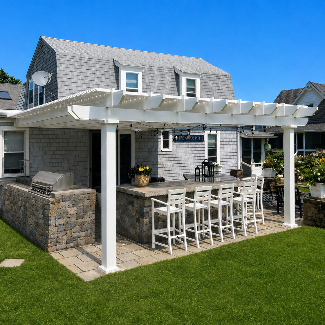 High-End Vinyl Pergola Attached to House - Now 20% Off