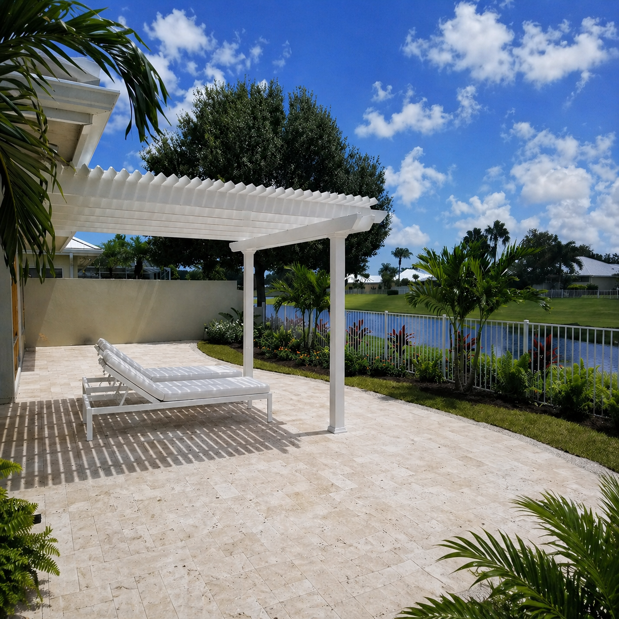 Traditional attached vinyl pergola with two supporting posts