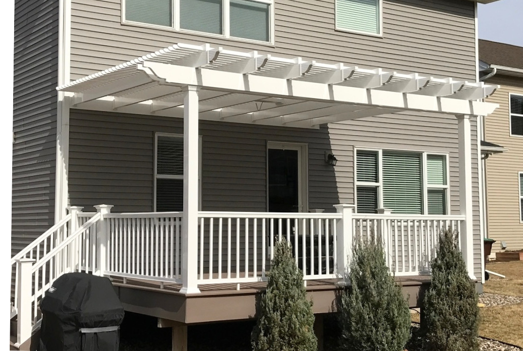 Attached vinyl pergola illustrating a house-side outdoor living configuration