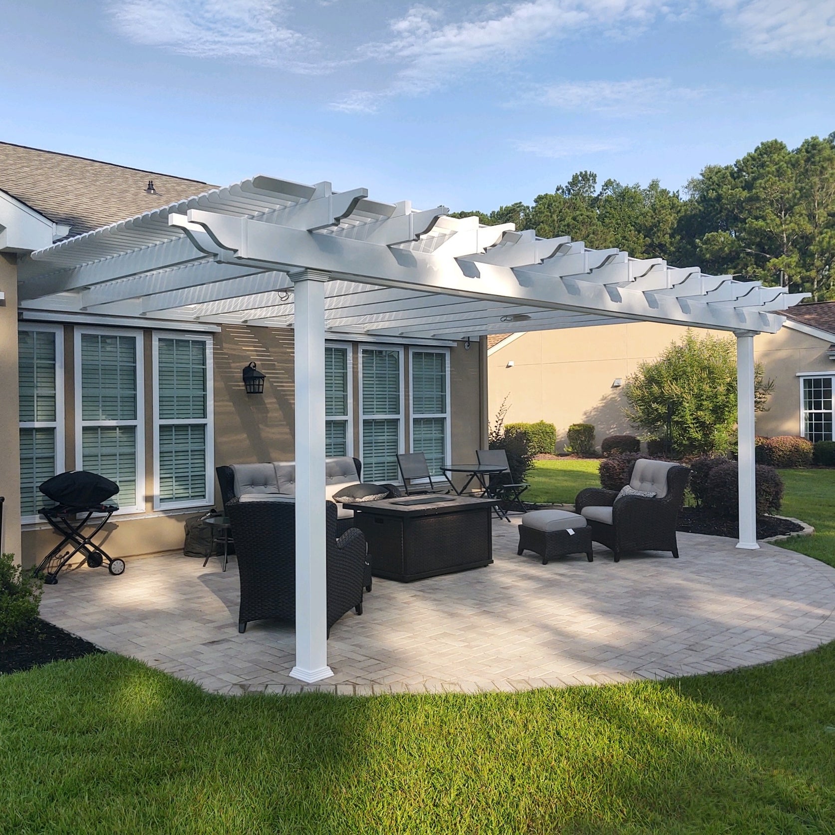 High-End Vinyl Pergola Attached to House - Now 20% Off