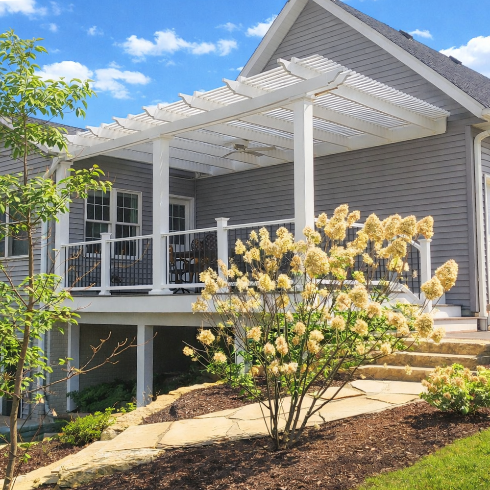 attached pergola with slatted roof providing shade over an outdoor living area