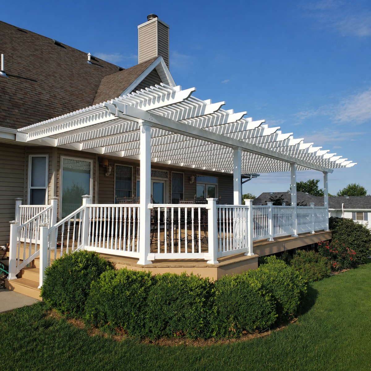 traditional attached vinyl pergola with three support posts and a slatted roof