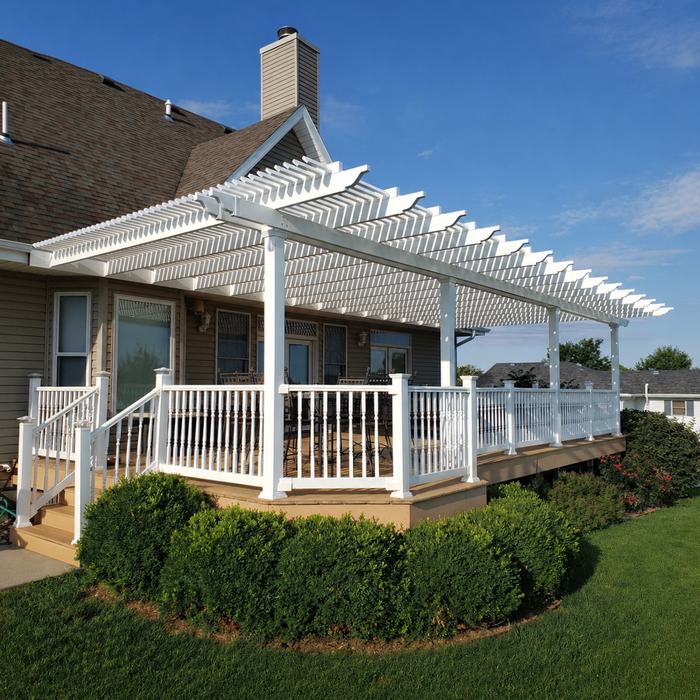 Large Custom Vinyl Pergola Attached to House – Heavy-Duty Aluminum Frame – Up to 32' x 24' – Made in USA
