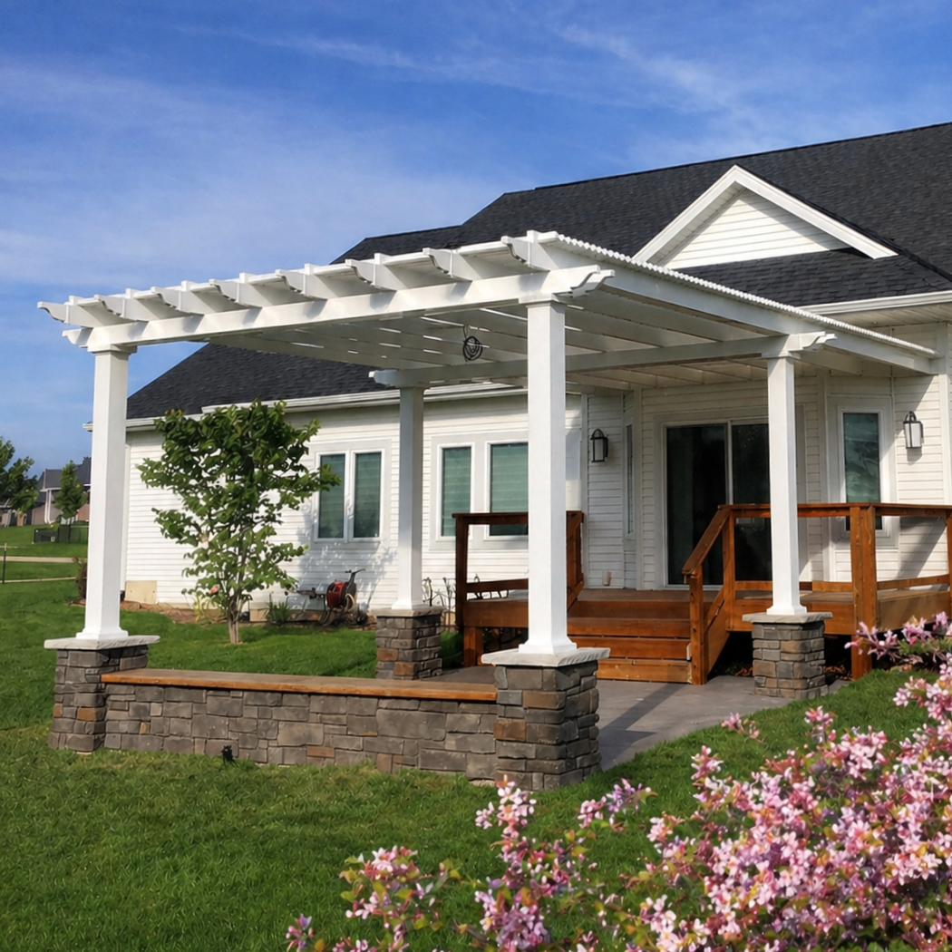 large attached outdoor kitchen pergola covering a patio entertaining area