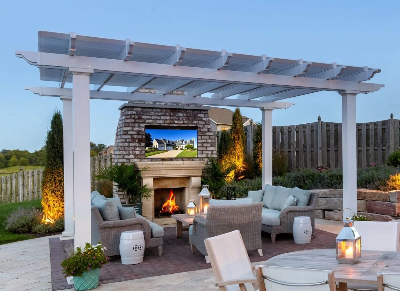 traditional metal frame pergola with aluminum reinforcement and white vinyl exterior