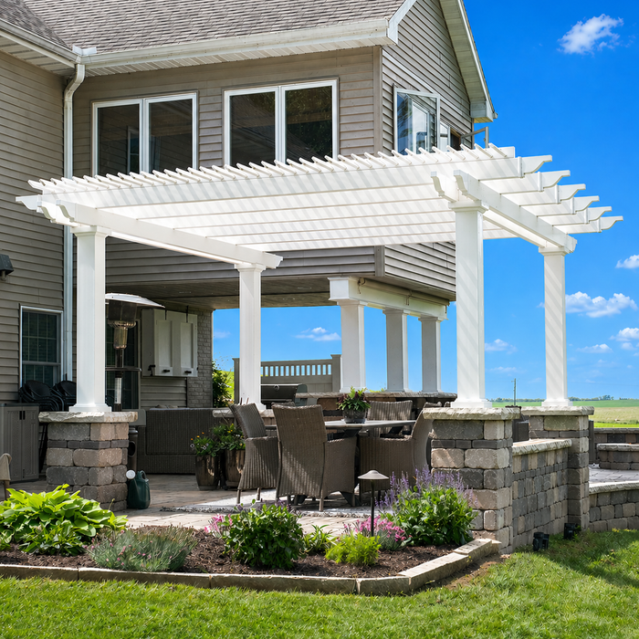 High-End Freestanding Vinyl Pergola w/ Heavy-Duty Aluminum Frame – Up to 24' x 24' – Made in USA