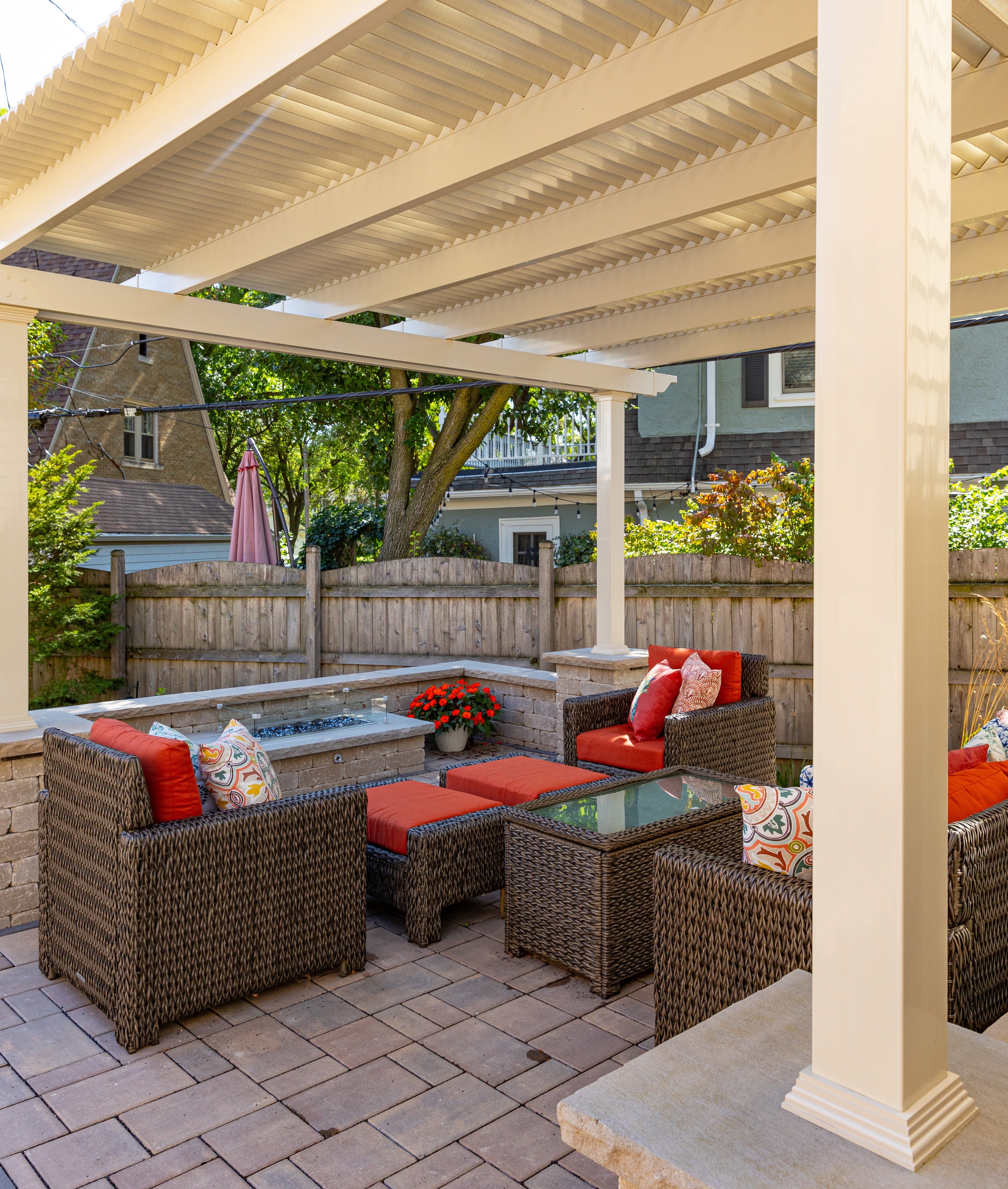 Traditional pergola showing proportional beam and rafter roof overhangs