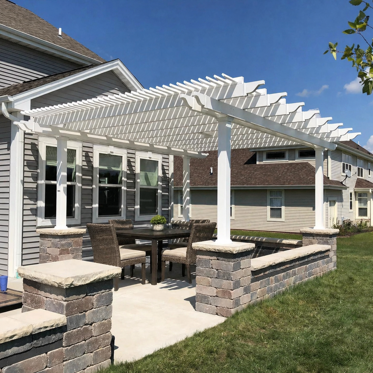 Aluminum-reinforced vinyl pergola creating shade over an outdoor patio