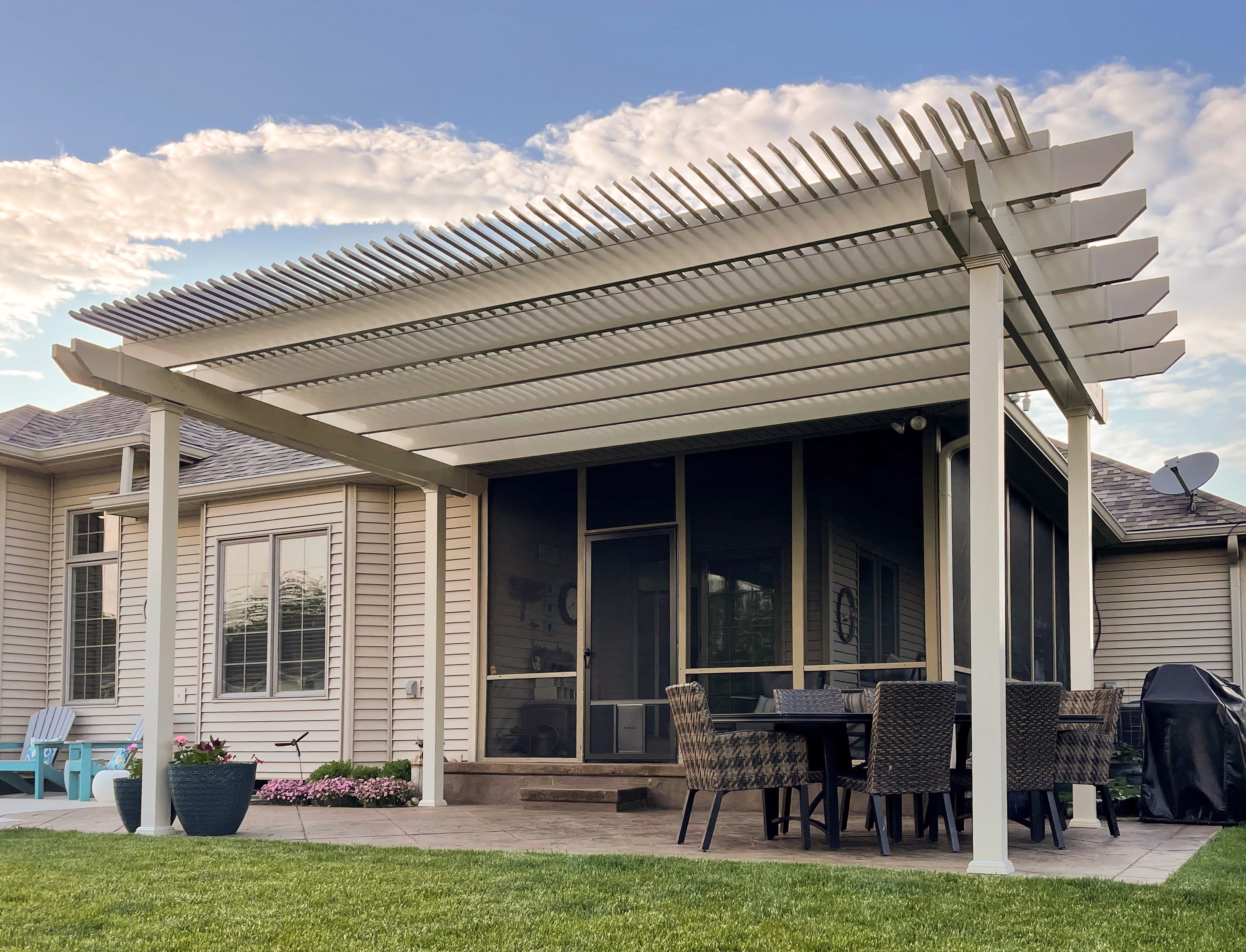 large custom freestanding pergola designed for an outdoor patio