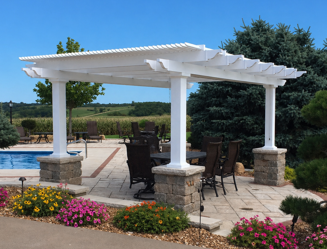 Traditional freestanding aluminum-reinforced vinyl pergola with fixed roof slats