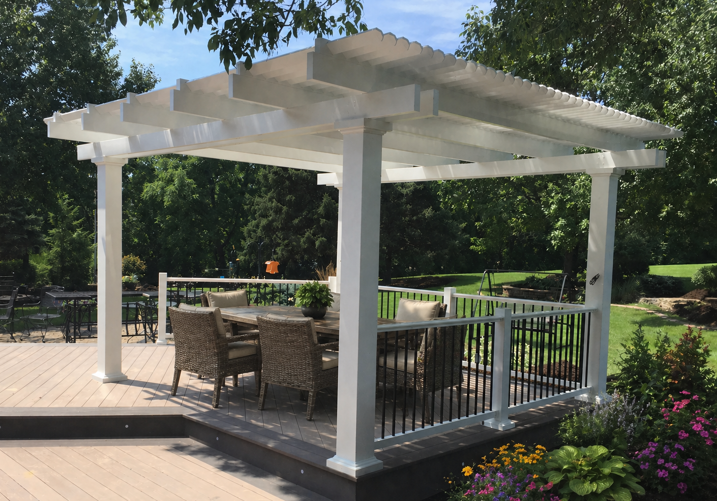 Traditional freestanding DIY pergola kit over an outdoor living area