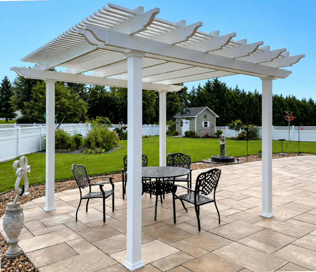 compact traditional freestanding pergola kit for an outdoor seating area