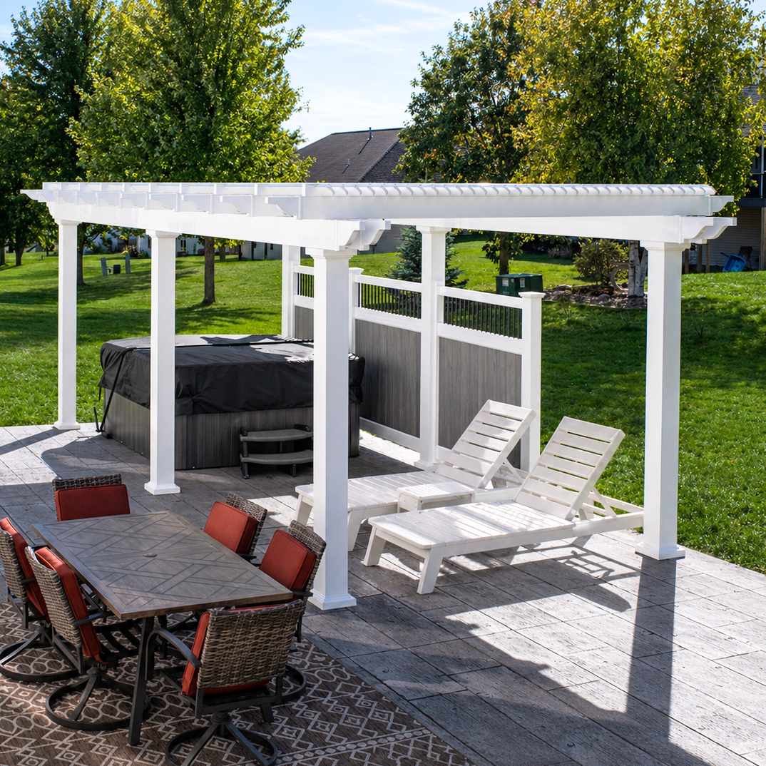 traditional freestanding outdoor kitchen pergola with slatted shade roof