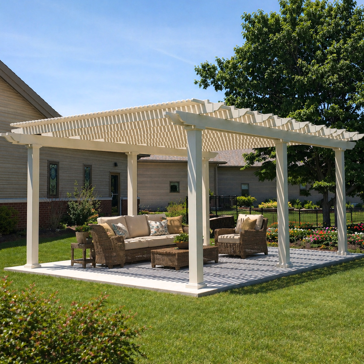 large custom pergola kit with six posts for a permanent outdoor living space