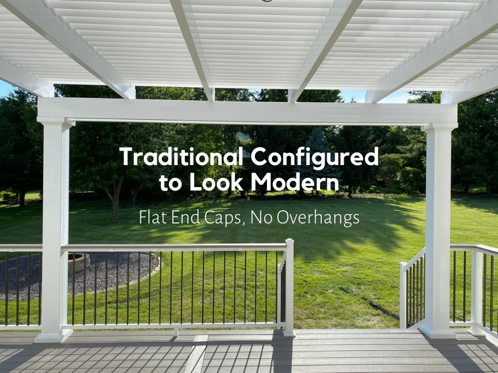 Picture showing the underside of a white traditional pergola with no overhangs and flat end caps, with overlaid text Traditional Configured to Look Modern - Flat End Caps, No Overhangs