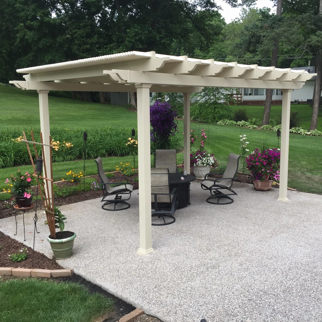 Tan aluminum-reinforced vinyl pergola suited to a South Florida patio