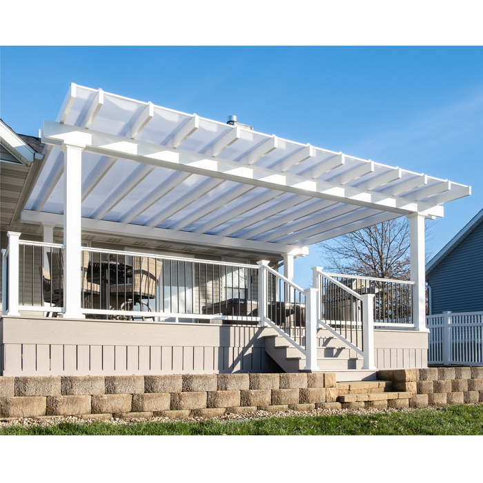 High-End Patio Cover w/ Rainproof Polycarbonate Roof – Vinyl/Aluminum Frame – Up to 20' x 20' – Made in USA