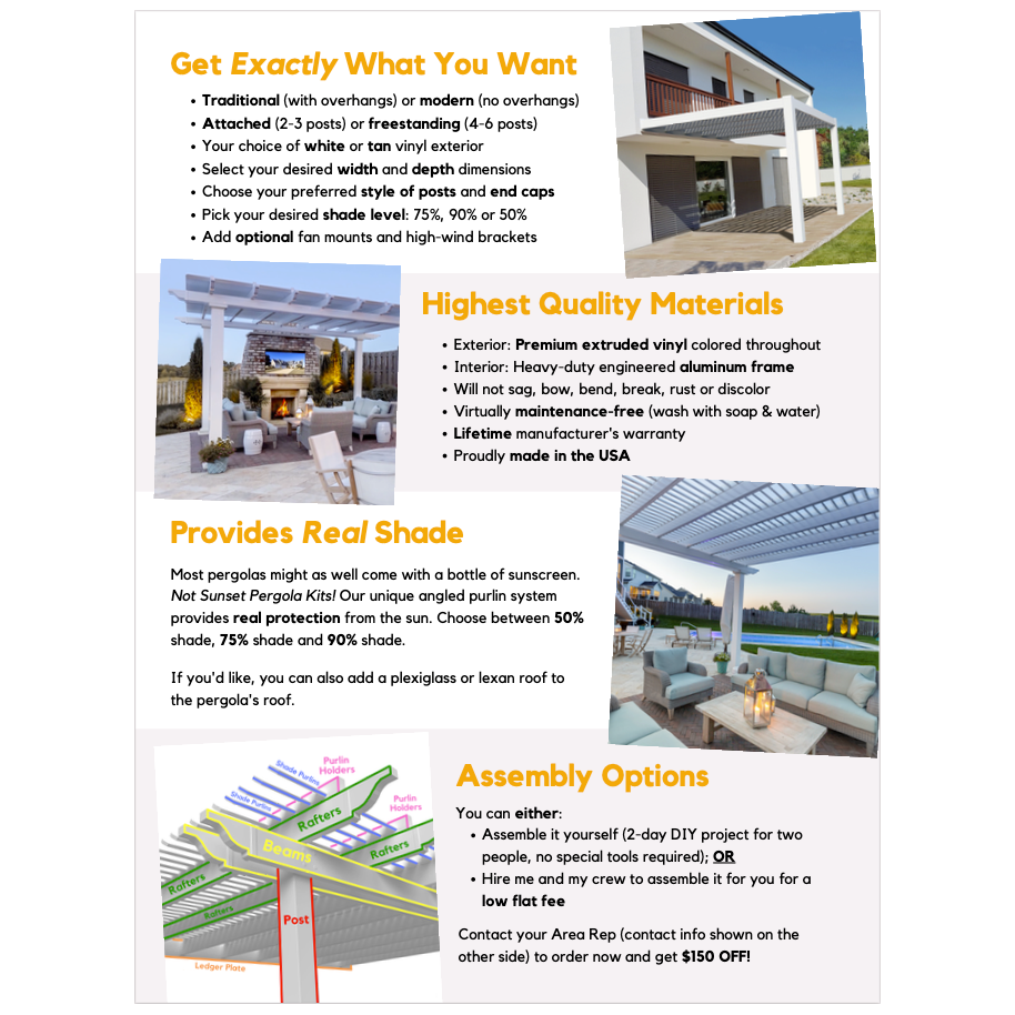 Back side of a double-sided full-page flyer for Area Reps that highlights the key selling points of Sunset Pergola Kits
