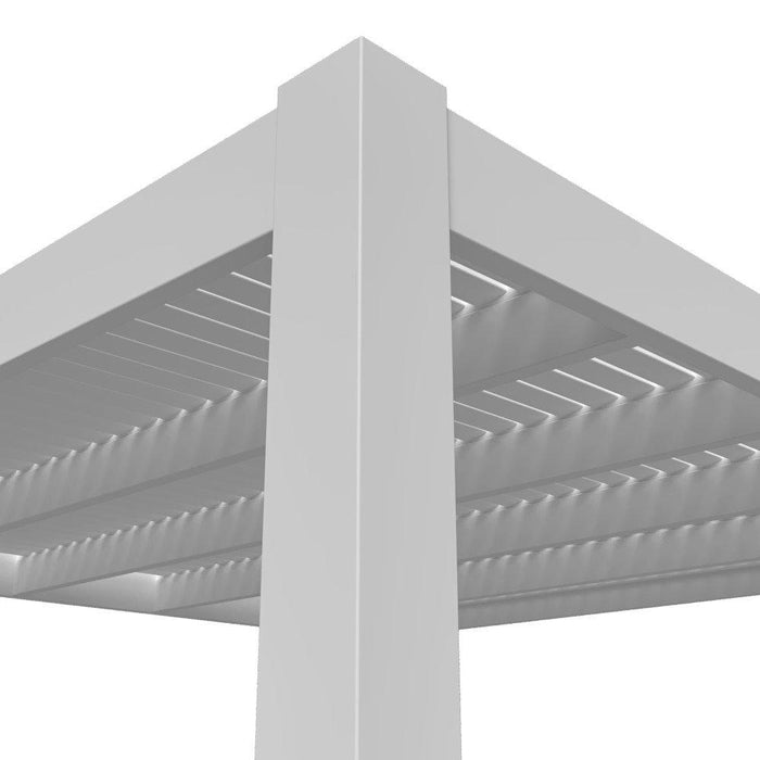 Close-up schematic of the top corner of a modern pergola which shows the various components of the pergola, including posts, box beams, rafters, purlin holders and shade purlins