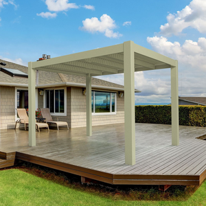 Modern-style tan 4-post pergola on a dark wood deck behind a tan house with a bright red door