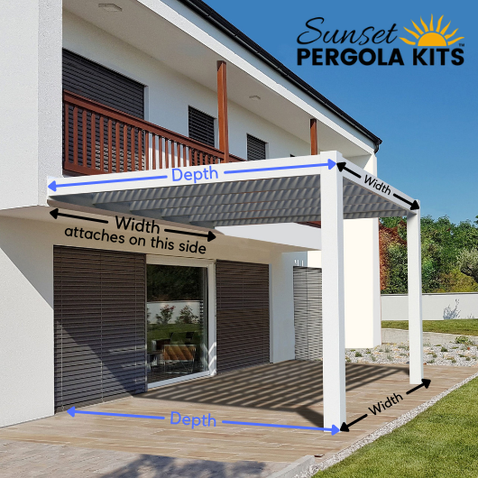 Picture of an attached modern pergola covering the patio off a condo, with overlaid text showing that the pergola attaches to the structure on its width side