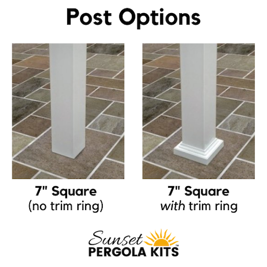 Side-by-side comparison of our modern pergola post options: 7-inch square without trim ring and 7-inch square with trim ring