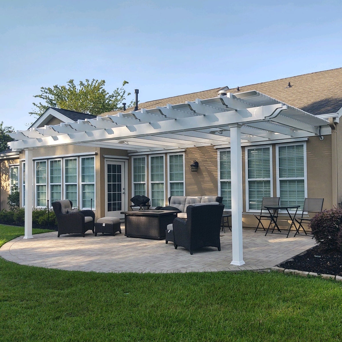 White Pergola Attached to House - Vinyl & Aluminum