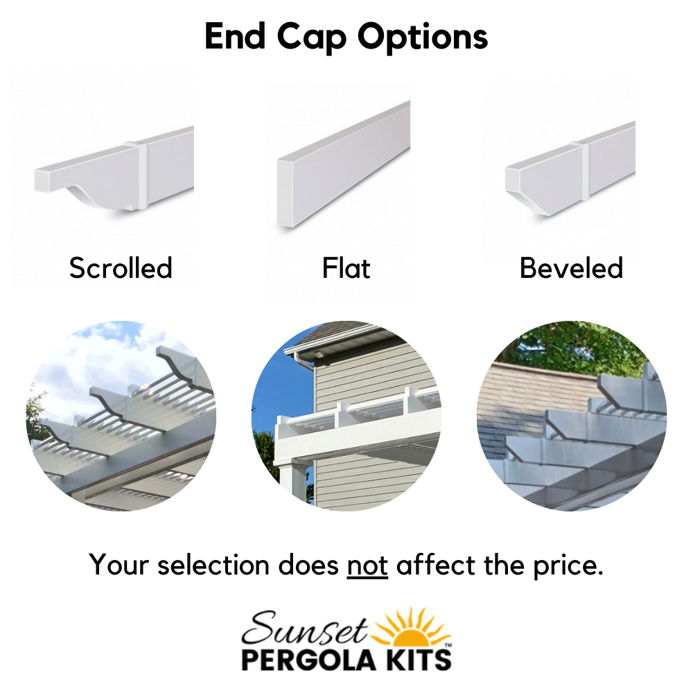 Side by side by side image showing the 3 end cap styles available for traditional pergolas - scrolled, flat and beveled - also text indicating that the selection does not affect the price