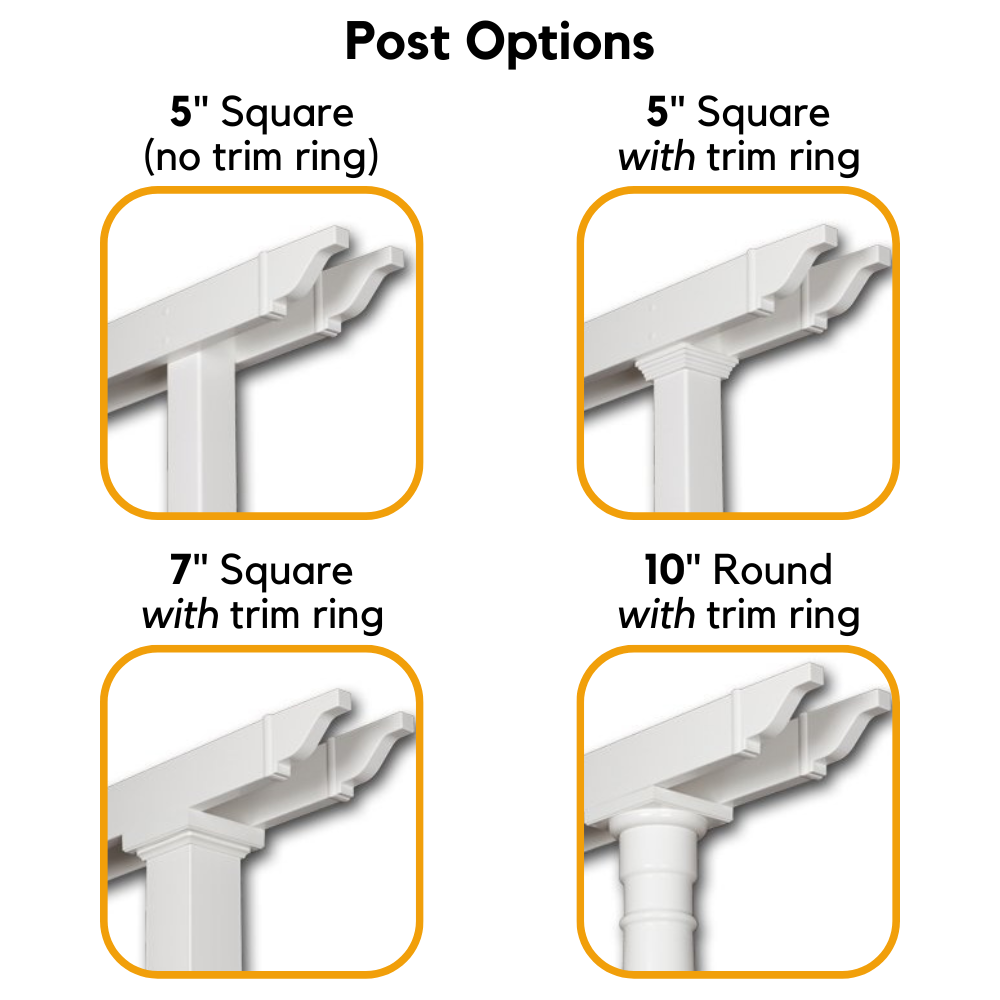 2x2 grid showing the 4 post style options, which are 5-inch square without a trim ring, 5-inch square with a trim ring, 7-inch square with a trim ring, and 10-inch round with a trim ring