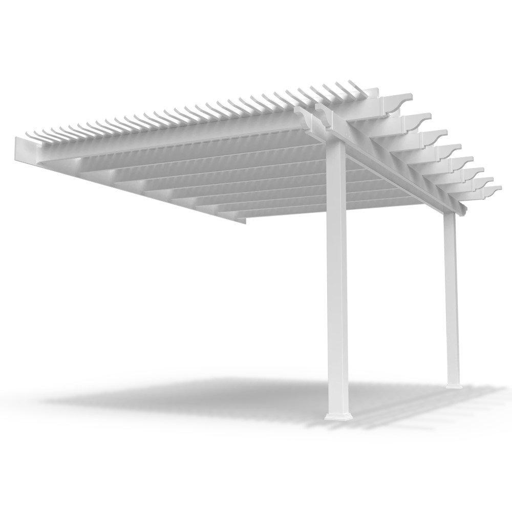 Schematic rendering of an attached 2-post pergola with beams, rafters and shade purlins