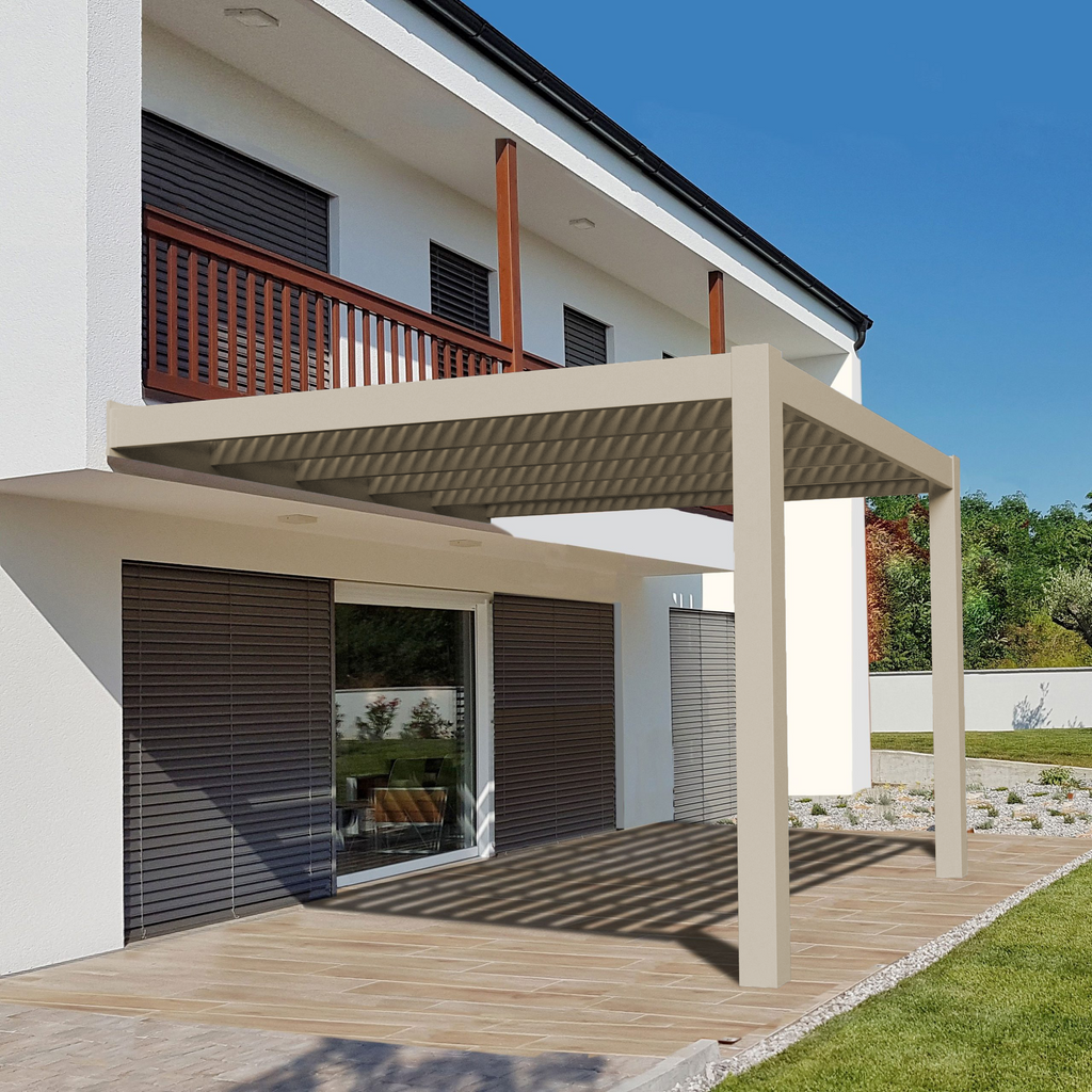 2-post tan modern pergola attached to a contemporary condo providing shade for an outdoor patio area
