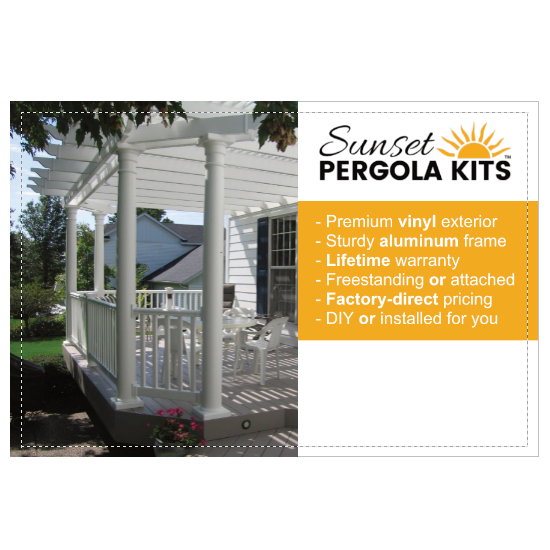 Back side of a ready-to-stamp 4x6 flyer for Area Reps to advertise Sunset Pergola Kits locally