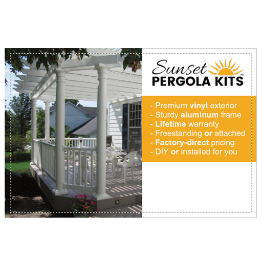 Back side of a ready-to-stamp 4x6 flyer for Area Reps to advertise Sunset Pergola Kits locally