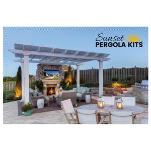 Front side of a 4x6 inch flyer showing the SPK logo and the picture of a 4-post white traditional pergola on a nice patio