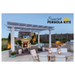 Front side of a 4x6 inch flyer showing the SPK logo and the picture of a 4-post white traditional pergola on a nice patio