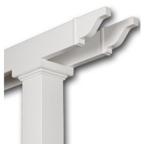 Close-up picture of the top of a square pergola post (column) with 2 beams sitting atop the post trim ring