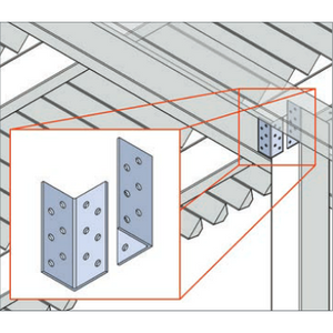 Schematic drawing showing that beam attachment brackets are used to securely attach the 2 beams to the top of the post
