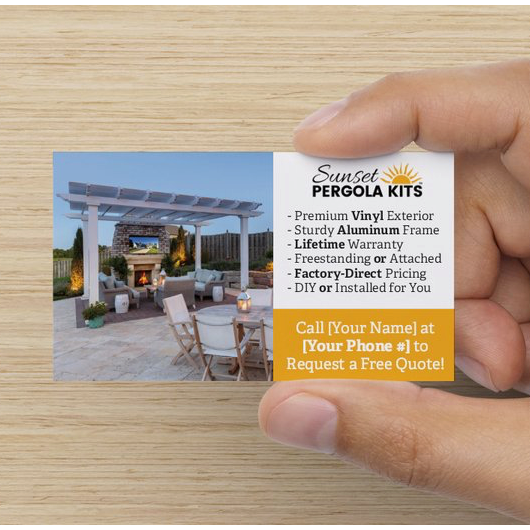 Back side of a personalized business card for Area Reps to advertise Sunset Pergola Kits