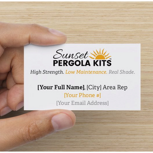 Picture of a hand holding a business card with dummy personal information that Area Reps can use to advertise Sunset Pergola Kits