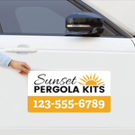 Picture of a hand placing a Sunset Pergola Kits car magnet with a dummy phone number on the passenger door of a white car