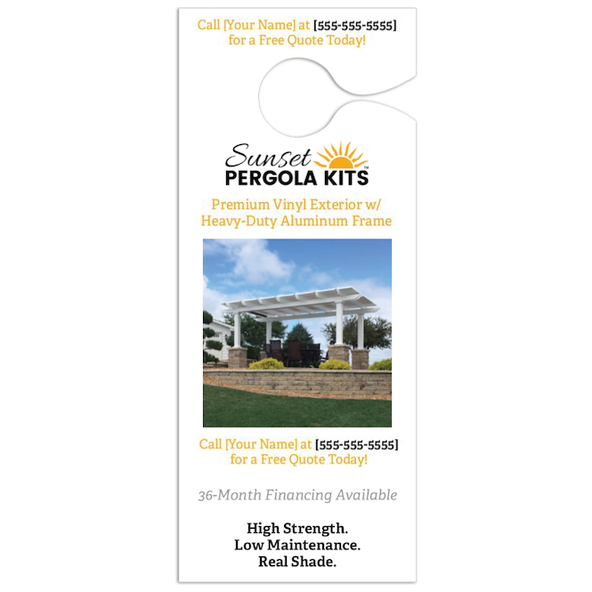 Back side of a personalized door hanger that Area Reps can use to advertise Sunset Pergola Kits