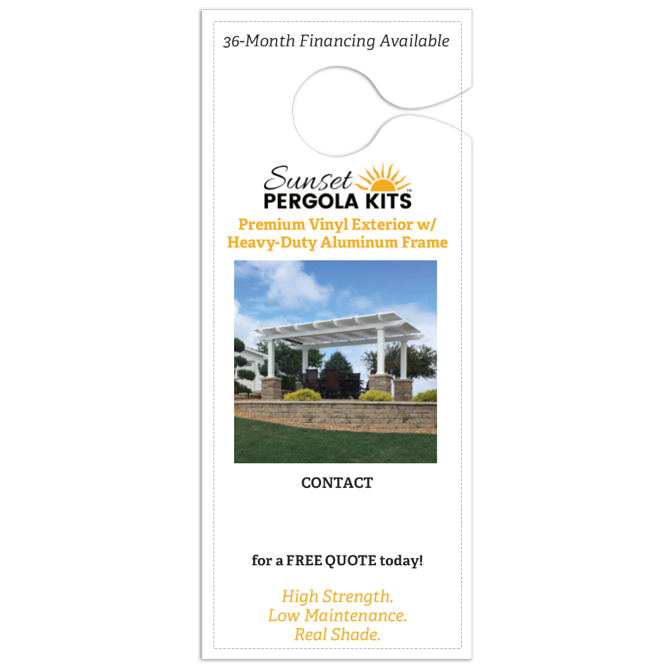 Back side of a ready-to-stamp door hanger that Area Reps can use to advertise Sunset Pergola Kits